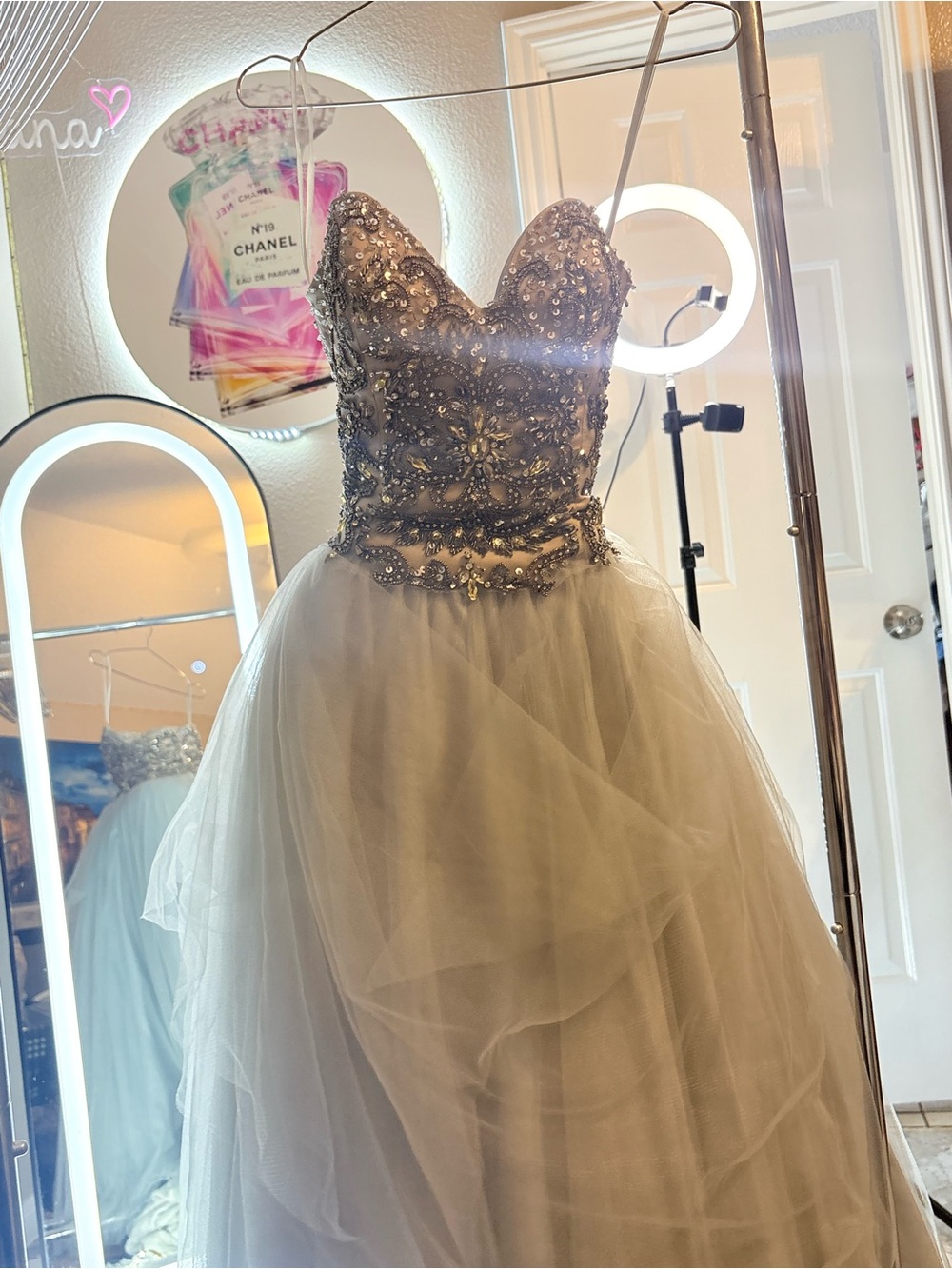 Terani Couture Silver Embellished Tulle Party Dress - Picture 3 of 7